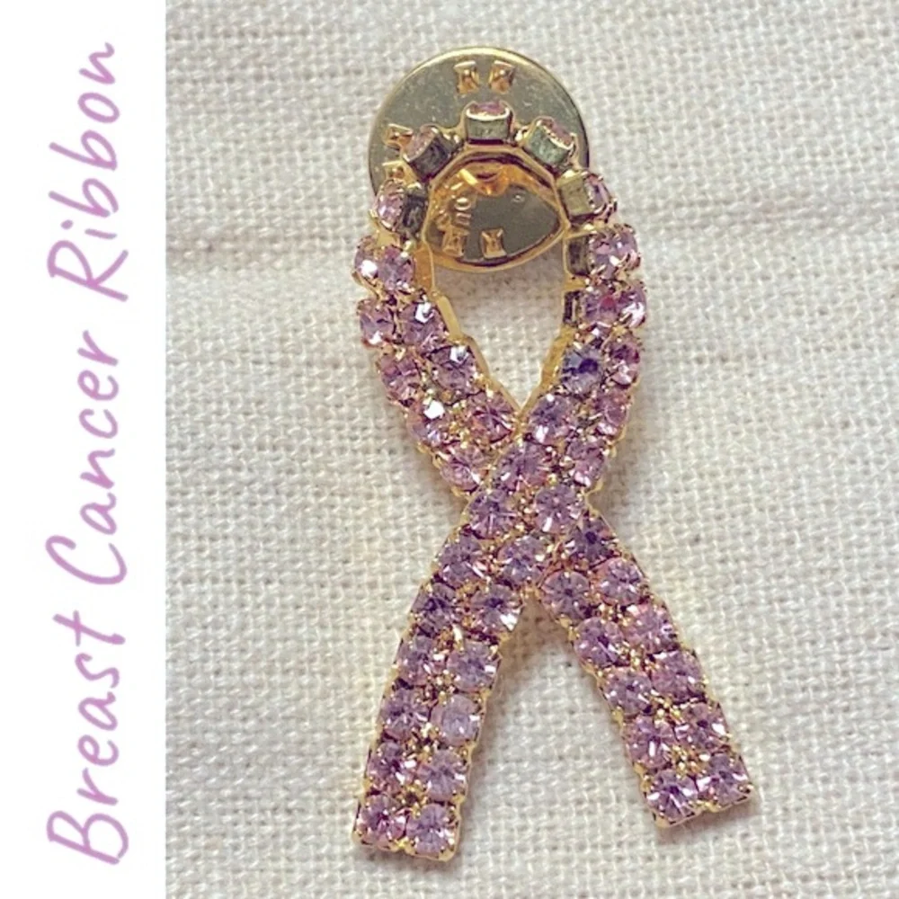 Vintage Ballou Pink Rhinestone Pink Ribbon Breast Cancer Lapel Pin Ladies Brooch